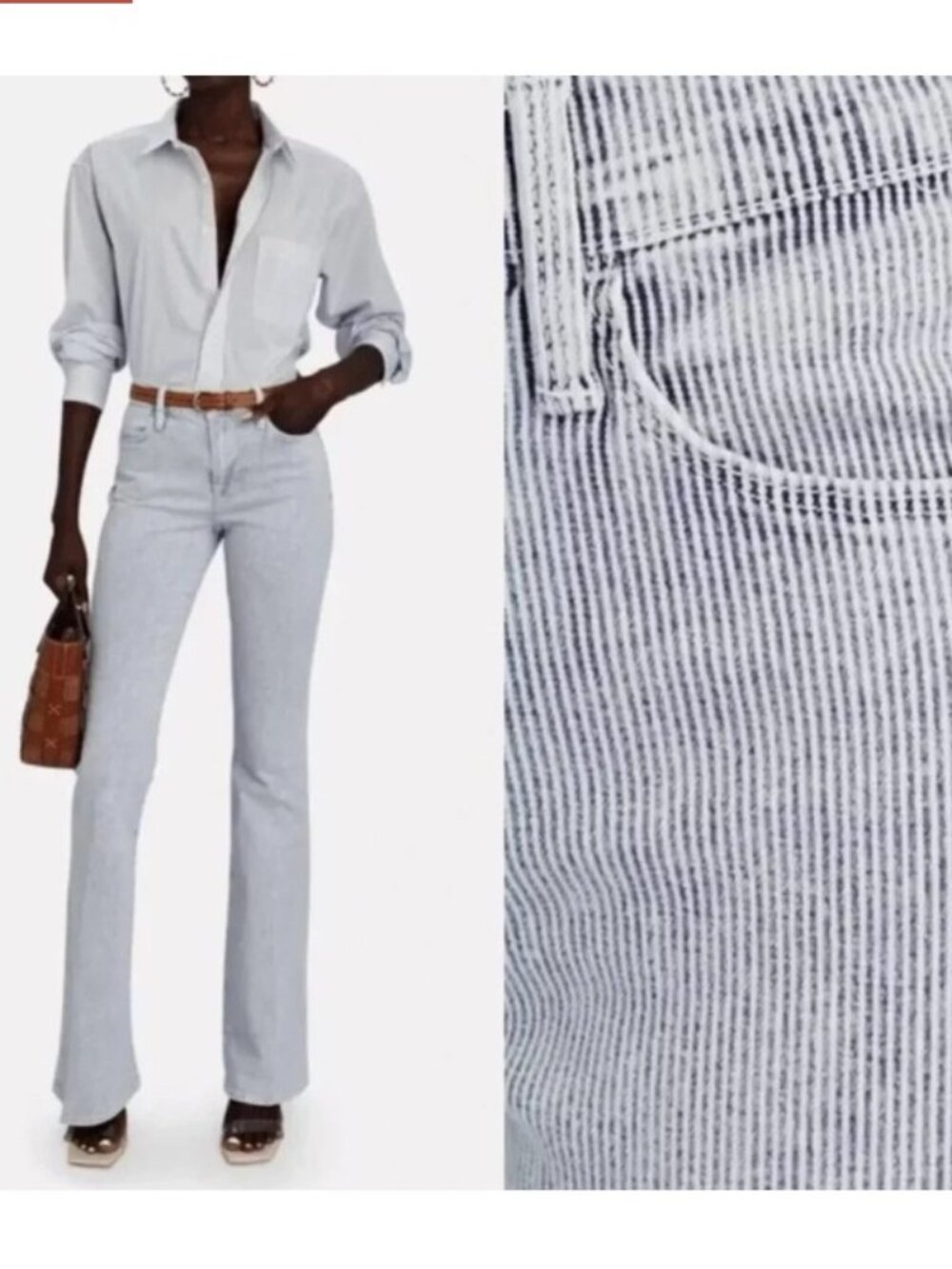 FRAME Le High Flare Jeans in Solar Stripe Blue White Micro Stripe Sz 29